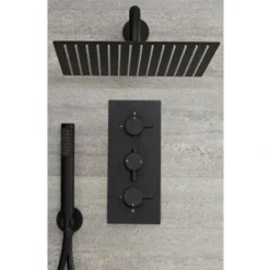 Milano Nero - Modern 2 Outlet Triple Thermostatic Mixer Shower Valve With 300mm Wall Mounted Square Rainfall Shower Head And Hand Shower Handset Kit - Black