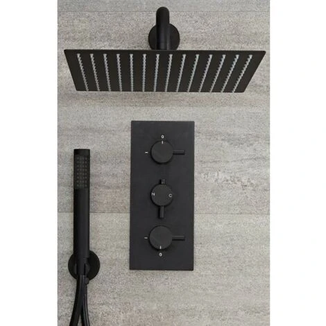 Milano Nero - Modern 2 Outlet Triple Thermostatic Mixer Shower Valve With 300mm Wall Mounted Square Rainfall Shower Head And Hand Shower Handset Kit - Black 1 Milano Nero - Modern 2 Outlet Triple Thermostatic Mixer Shower Valve With 300mm Wall Mounted Square Rainfall Shower Head And Hand Shower Handset Kit - Black