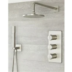 Milano Ashurst - Modern 2 Outlet Triple Thermostatic Mixer Shower Valve With 188mm Wall Mounted Round Rainfall Shower Head And Hand Shower Handset Kit – Brushed Nickel
