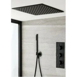 Milano Nero - Modern Black Concealed Triple Thermostatic Mixer Shower Valve With 400mm Square Ceiling Mounted Recessed Rainfall Shower Head And Hand Shower Handset Kit
