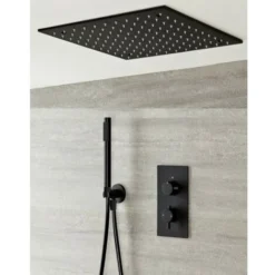 Milano Nero - Modern Black Concealed Twin Diverter Thermostatic Mixer Shower Valve With 400mm Square Ceiling Mounted Recessed Rainfall Shower Head And Hand Shower Handset Kit