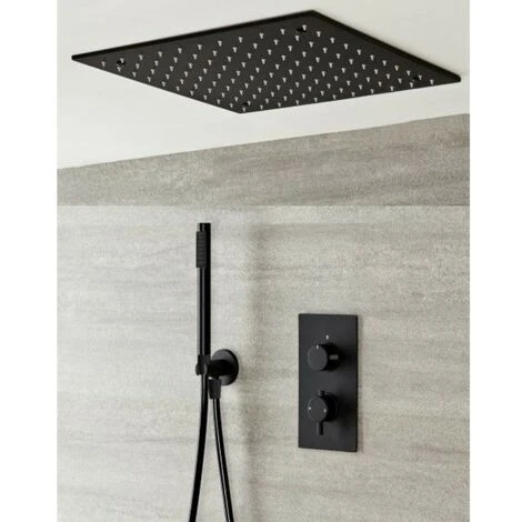 Milano Nero - Modern Black Concealed Twin Diverter Thermostatic Mixer Shower Valve With 400mm Square Ceiling Mounted Recessed Rainfall Shower Head And Hand Shower Handset Kit 1 Milano Nero - Modern Black Concealed Twin Diverter Thermostatic Mixer Shower Valve With 400mm Square Ceiling Mounted Recessed Rainfall Shower Head And Hand Shower Handset Kit