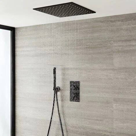 Milano Nero - Modern Black Concealed Twin Diverter Thermostatic Mixer Shower Valve With 400mm Square Ceiling Mounted Recessed Rainfall Shower Head And Hand Shower Handset Kit 2 Milano Nero - Modern Black Concealed Twin Diverter Thermostatic Mixer Shower Valve With 400mm Square Ceiling Mounted Recessed Rainfall Shower Head And Hand Shower Handset Kit - Image 2
