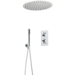 Milano Mirage - Modern 2 Outlet Twin Diverter Thermostatic Mixer Shower Valve With Ceiling Mounted 400mm Round Recessed Rainfall Shower Head And Hand Shower Handset Kit - Chrome