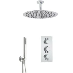 Bathroom Supplies Store 21 Milano Mirage - Modern 2 Outlet Triple Thermostatic Mixer Shower Valve With 300mm Ceiling Mounted Round Rainfall Shower Head And Hand Shower Handset Kit - Chrome
