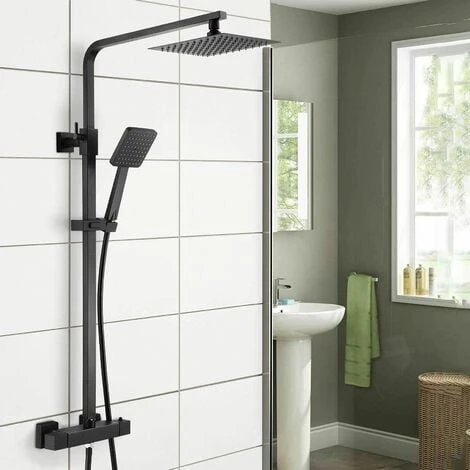 Modern Thermostatic Mixer Shower Set Square Black Finish Twin Head Exposed Valve 1 Modern Thermostatic Mixer Shower Set Square Black Finish Twin Head Exposed Valve