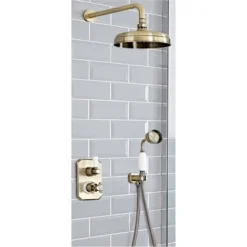 Milano Elizabeth - Traditional 2 Outlet Twin Diverter Thermostatic Mixer Shower Valve With Hand Shower Handset And Round Rainfall Shower Head - Brushed Gold