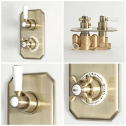 Milano Elizabeth - Traditional 2 Outlet Twin Diverter Thermostatic Mixer Shower Valve With Hand Shower Handset And Round Rainfall Shower Head - Brushed Gold -Bathroom Supplies Store 17034838 4