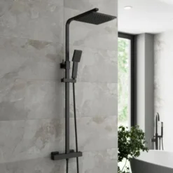 Bathroom Thermostatic Mixer Shower Set Square Black Twin Head Exposed Valve