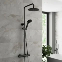 Bathroom Thermostatic Mixer Shower Set Round Matte Black Twin Head Exposed Valve