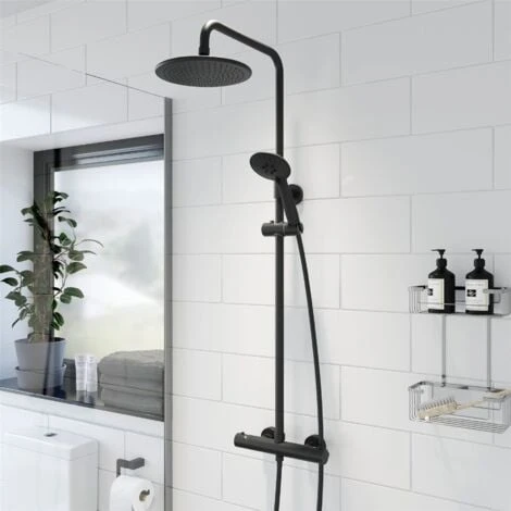 Bathroom Thermostatic Mixer Shower Set Round Matte Black Twin Head Exposed Valve 2 Bathroom Thermostatic Mixer Shower Set Round Matte Black Twin Head Exposed Valve - Image 2