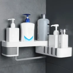 Livingandhome Wall Mounted Bathroom Corner Rack Shower Shampoo Storage Holder, White And Grey