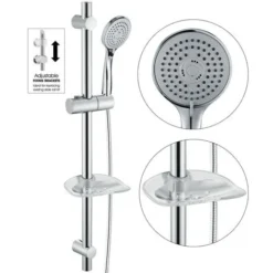Chrome Stainless Steel Shower Riser Rail Kit + Shower Head + Hose + Soap Dish