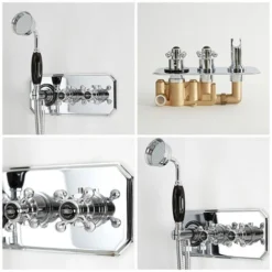 Milano Elizabeth - Traditional 2 Outlet Twin Diverter Thermostatic Mixer Shower Valve With 200mm Round Rainfall Shower Head And Hand Shower Handset - Chrome & Black -Bathroom Supplies Store 28742218 4