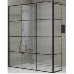 Milano Barq - 1200mm Black Recessed Walk In Wet Room Shower Enclosure With Grid Pattern Screen&44 Hinged Return Panel And Support Arm - No Shower Drain