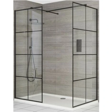 Milano Barq - Corner Walk In Wet Room Shower Enclosure With Grid Pattern Screens&44 Support Arms And 1400mm X 800mm White Tray - Black 1 Milano Barq - Corner Walk In Wet Room Shower Enclosure With Grid Pattern Screens&44 Support Arms And 1400mm X 800mm White Tray - Black