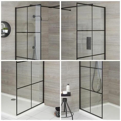 Milano Barq - Corner Walk In Wet Room Shower Enclosure With Grid Pattern Screens&44 Support Arms And 1400mm X 800mm White Tray - Black 2 Milano Barq - Corner Walk In Wet Room Shower Enclosure With Grid Pattern Screens&44 Support Arms And 1400mm X 800mm White Tray - Black - Image 2