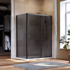 ELEGANT Black Shower Enclosure Sliding 1200 X 800 Mm Bathroom 8mm Nano Glass Shower Enclosure Easy Clean With 800mm Side Panel + Anti-Slip Shower Tray And Waste