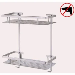 Two Tier Shower Basket Shelf With Hanging Sponge And Razor Hooks Shampoo Holder Organizer Wall Mounted Bathroom Shelf No Adhesive Silver