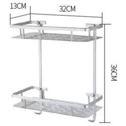 Two Tier Shower Basket Shelf With Hanging Sponge And Razor Hooks Shampoo Holder Organizer Wall Mounted Bathroom Shelf No Adhesive Silver -Bathroom Supplies Store 35398703 5