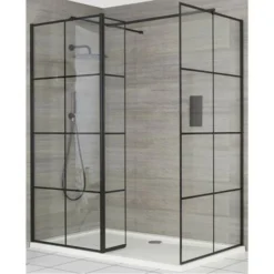 Milano Barq - Corner Walk In Wet Room Shower Enclosure With Grid Pattern Screens&44 Hinged Return Panel&44 Support Arms And 1100mm X 700mm White Tray - Black
