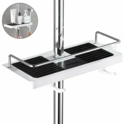 Shower Shelf Caddy For Shower Rail No Drilling Bathroom Shelf Storage Rack, Shower Pole Shelf Bathroom Shower Shelf, Shower Organiser With Buckle And Shower Head Hook.Black And White Round Holes