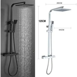 Black Luxury Thermostatic Mixer Brass Diverter Valve Squre Shower Bar Big Head, Adjustable Height Exposed Riser Rail Shower Hose All-in-One Chrome Rainfall Shower Mixer Set -Bathroom Supplies Store 46734180 5