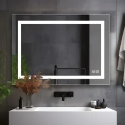 MIQU 900 X 600mm Bathroom Mirrors With Shaver Socket LED Lights Illuminated Backlit Wall Mount Light Up Mirror Dimmable Switch Demister Heated Pad Horizontal/Vertical