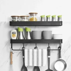 Shower Shelf Without Drilling Bathroom Shelf With Towel Rail And Aluminum Hook Storage Shelf For Shower And Kitchen Set Of 2 Black -Bathroom Supplies Store 58056509 3