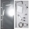 Modern Chrome Riser Rail Mixer Shower Square Head Kit For Bathroom, Stainless Steel Hose, With Fittings