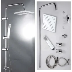 Modern Chrome Riser Rail Mixer Shower Square Head Kit For Bathroom, Stainless Steel Hose, With Fittings
