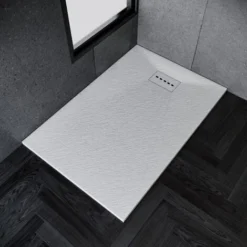 ELEGANT 1200 X 800 X 30 Mm Slate Effect Shower Tray White Anti-Slip Rectangular Low Profile Shower Tray With Waste Trap And Slate Drain Cover