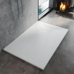 ELEGANT Low Profile Shower Tray White Anti Slip Shower Tray Rectangular Slate Effect Shower Base Tray 1200 X 800 X 30 Mm With Free Waste Trap, Slate Drain Cover
