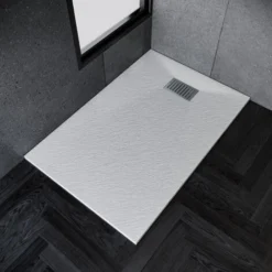 ELEGANT Low Profile Shower Tray White Anti Slip Shower Tray Rectangular Slate Effect Shower Base Tray 1200 X 700 X 30 Mm With Free Waste Trap, Stainless Steel Drain Cover