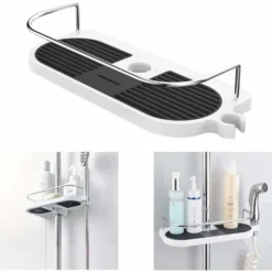 No Drilling Shower Shelf For Shower Rail, Aluminum Alloy Adjustable Pole Telescopic Shower Shelf With 2 Towel Hooks, Fits 19mm - 25mm Rail