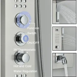SUGUWORD Thermostatic Shower Tower Panel System Stainless Steel 5 Functions Rainfall Waterfall Shower Head Hydroelectricity Massage Jet Handheld Shower Sprayer Wall Mounted Black -Bathroom Supplies Store 71582343 3
