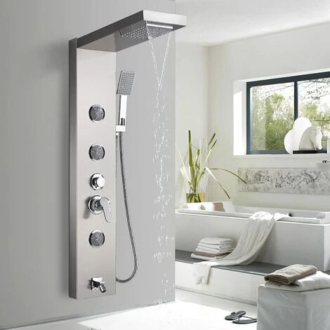 SUGUWORD Shower Panel Tower System 5 Function With Top Shower Head Body Massage Jets Handheld Shower Tub Spout Brushed Nickel Stainless Steel Bathroom Shower Column Wall Mounted 1 SUGUWORD Shower Panel Tower System 5 Function With Top Shower Head Body Massage Jets Handheld Shower Tub Spout Brushed Nickel Stainless Steel Bathroom Shower Column Wall Mounted