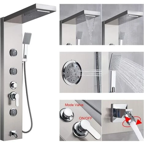 SUGUWORD Shower Panel Tower System 5 Function With Top Shower Head Body Massage Jets Handheld Shower Tub Spout Brushed Nickel Stainless Steel Bathroom Shower Column Wall Mounted 2 SUGUWORD Shower Panel Tower System 5 Function With Top Shower Head Body Massage Jets Handheld Shower Tub Spout Brushed Nickel Stainless Steel Bathroom Shower Column Wall Mounted - Image 2