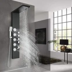 SUGUWORD Shower Panel Tower With 4 Functions Rainfall And Waterfall Head Massage Jet 3-Types Hand Shower Can Working At The Same Time Black Shower System Wall Mounted
