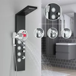 SUGUWORD Shower Panel Tower With 4 Functions Rainfall And Waterfall Head Massage Jet 3-Types Hand Shower Can Working At The Same Time Black Shower System Wall Mounted -Bathroom Supplies Store 71582364 3
