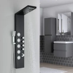 SUGUWORD Shower Panel Tower With 4 Functions Rainfall And Waterfall Head Massage Jet 3-Types Hand Shower Can Working At The Same Time Black Shower System Wall Mounted -Bathroom Supplies Store 71582364 5