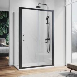 ELEGANT 1200 X 900 Mm Sliding Shower Enclosure Matt Black Frame Cubicle With Tray And Waste + Side Panel + Riser Kit