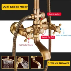Bathroom Shower Tap Rainfall Shower Head,Hand Spray Tub Tap With Storage Shelf Double Handle Cold And Hot Water Antique Brass Wall Mount Shower Set -Bathroom Supplies Store 72218603 4