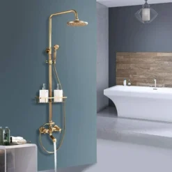 Bathroom Shower Tap Rainfall Shower Head,Hand Spray Tub Tap With Storage Shelf Double Handle Cold And Hot Water Antique Brass Wall Mount Shower Set -Bathroom Supplies Store 72218603 5
