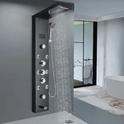 LED Shower Tower Panel Temperature Display Stainless Steel Handheld Sprayer Waterfall And Rainfall Shower Head Massage Jets Multi Function Black Bath Shower System