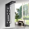 Thermostatic Shower Tower Panel With Temperature Screen 5 Functions Rainfall And Waterfall Shower Head Hand Sprayer Massage Jets Tub Spout Black Stainless Steel Bathroom Shower System