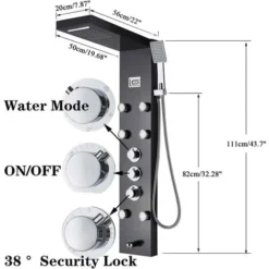 Thermostatic Shower Tower Panel With Temperature Screen 5 Functions Rainfall And Waterfall Shower Head Hand Sprayer Massage Jets Tub Spout Black Stainless Steel Bathroom Shower System -Bathroom Supplies Store 72218606 3