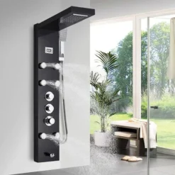 Thermostatic Shower Tower Panel With Temperature Screen 5 Functions Rainfall And Waterfall Shower Head Hand Sprayer Massage Jets Tub Spout Black Stainless Steel Bathroom Shower System -Bathroom Supplies Store 72218606 5