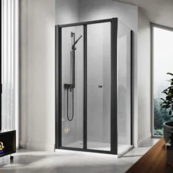 ELEGANT 700 X 800mm Bi-Fold Shower Enclosure Matt Black Frame Folding Glass Cubicle Door + Side Panel
