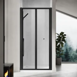 ELEGANT 760mm Bi-Fold Shower Door Reversible Folding Glass Inner Opening Design Shower Enclosure Cubicles Door Matt Black Frame